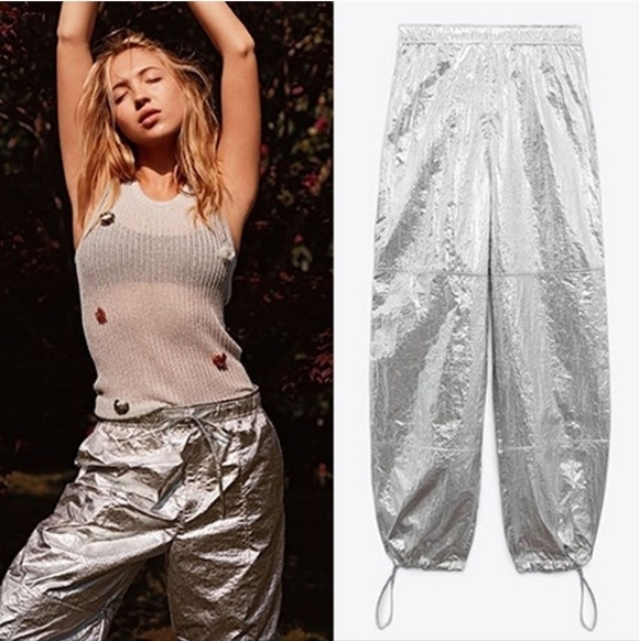 New Zara Shiny Metallic Silver Parachute Mid Rise Pants Trousers 8338/405 NWT XS - Picture 1 of 12
